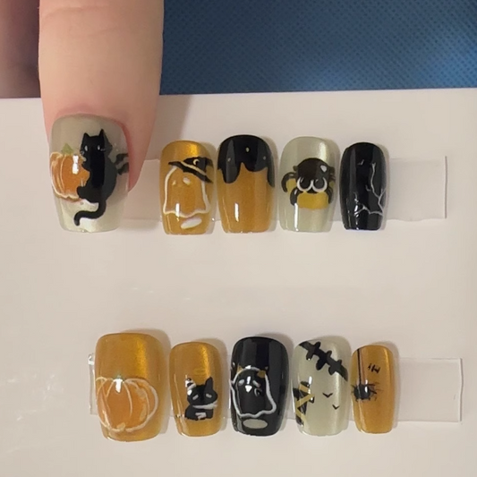 Boo-tiful Kitty Claws handmade press on nails featuring cute black cats and Halloween designs