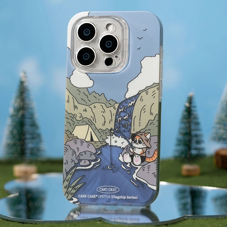 Camping cat fishing by a waterfall phone case from Cat Lady's Find