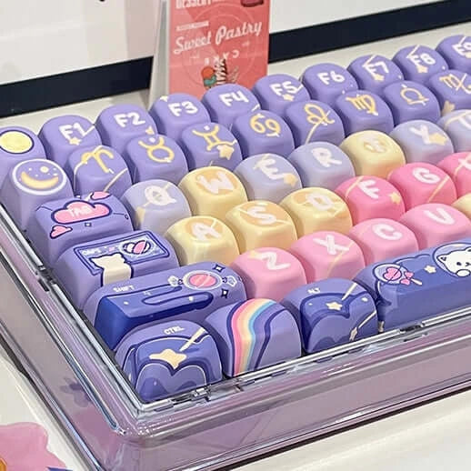 Close-Up of Candy Kitty Keycap Set Featuring Zodiac Symbols and Cute Designs