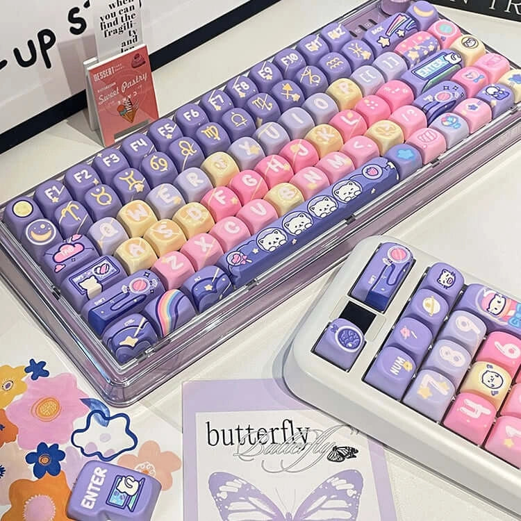 Candy Kitty Keycap Set - Purple Keycaps with Cute Cat and Zodiac Symbols on a Mechanical Keyboard