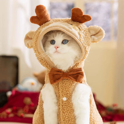 Christmas-themed cat coat with reindeer hood and festive bow for cats