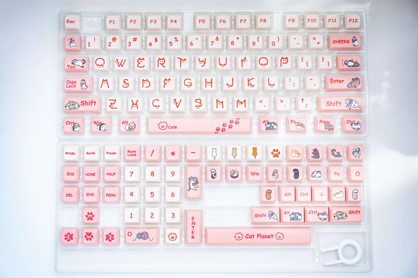 Detail view of Cat Planet Keycap Set showing the cute cat-themed designs on a mechanical keyboard.