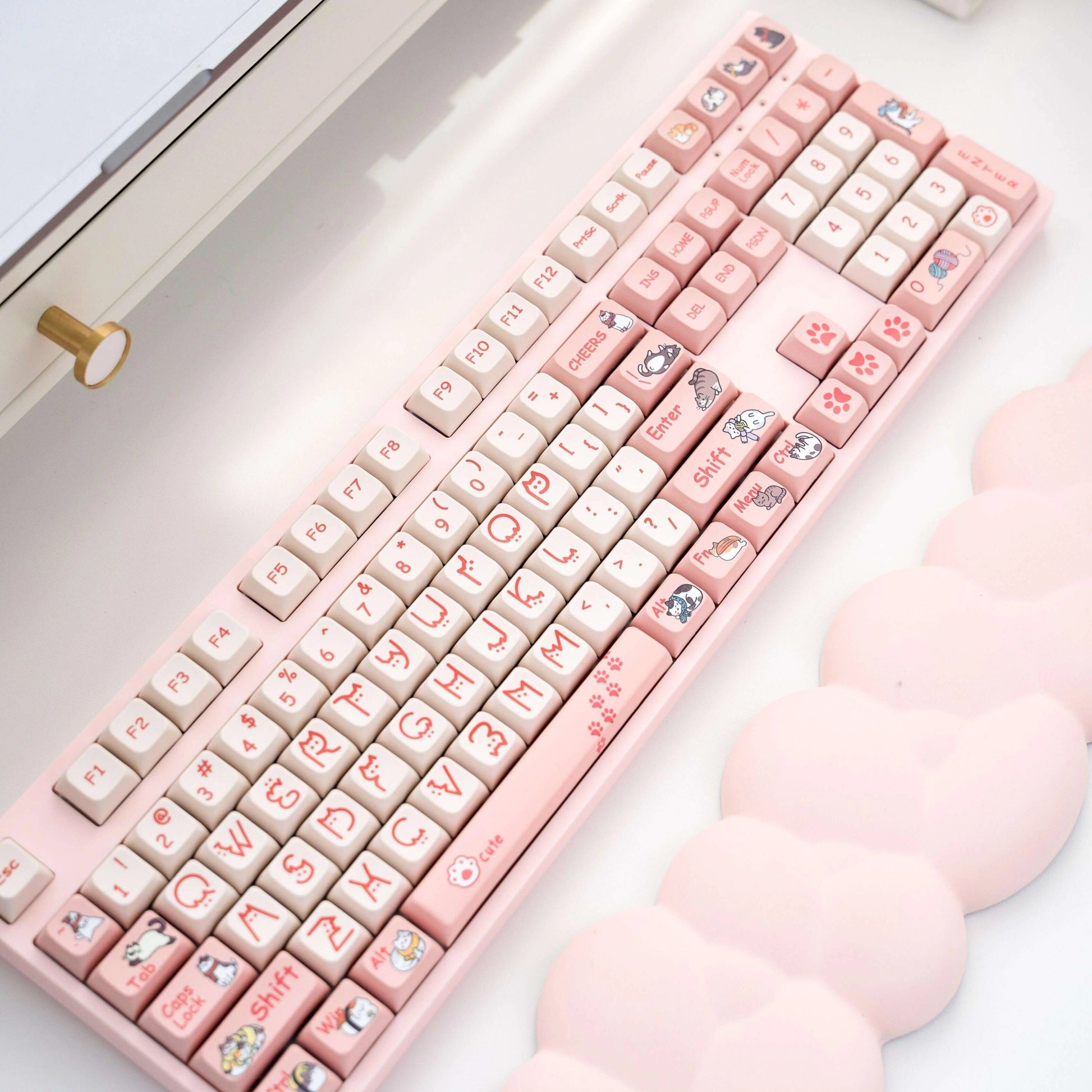 Overview of Cat Planet Keycap Set with pink and white cat-themed keycaps on a mechanical keyboard.