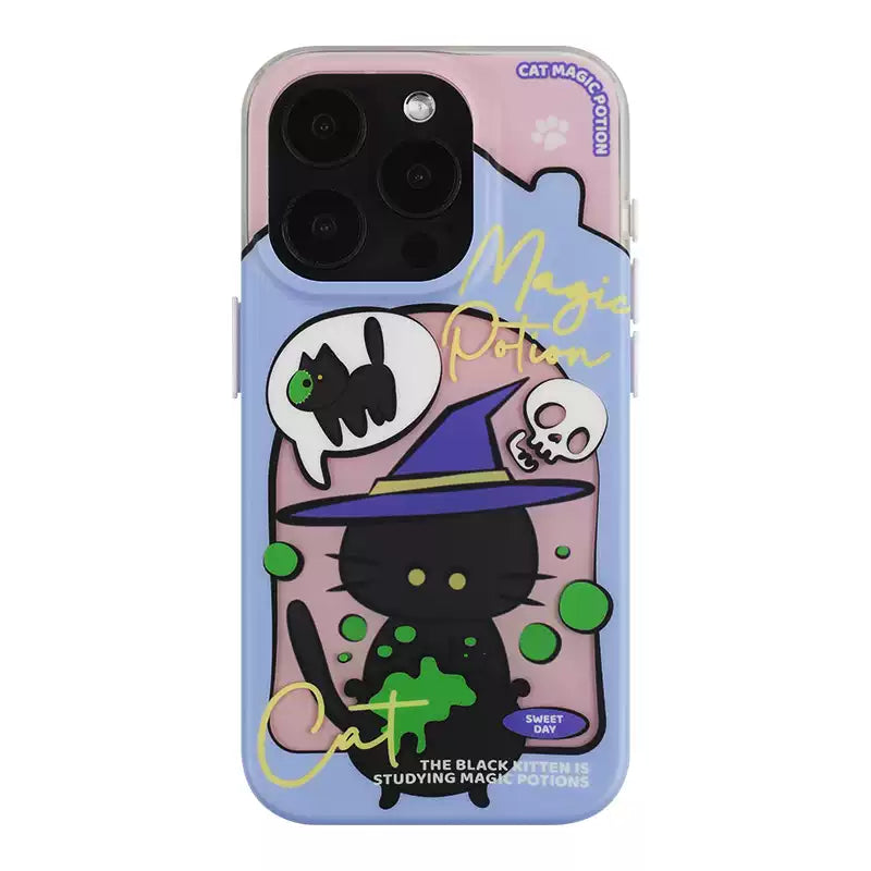 Cat-tastic Wizardry phone case featuring a magical black cat in a purple witch hat casting spells with green bubbles – the perfect gothic Halloween gift from Cat Lady's Find.