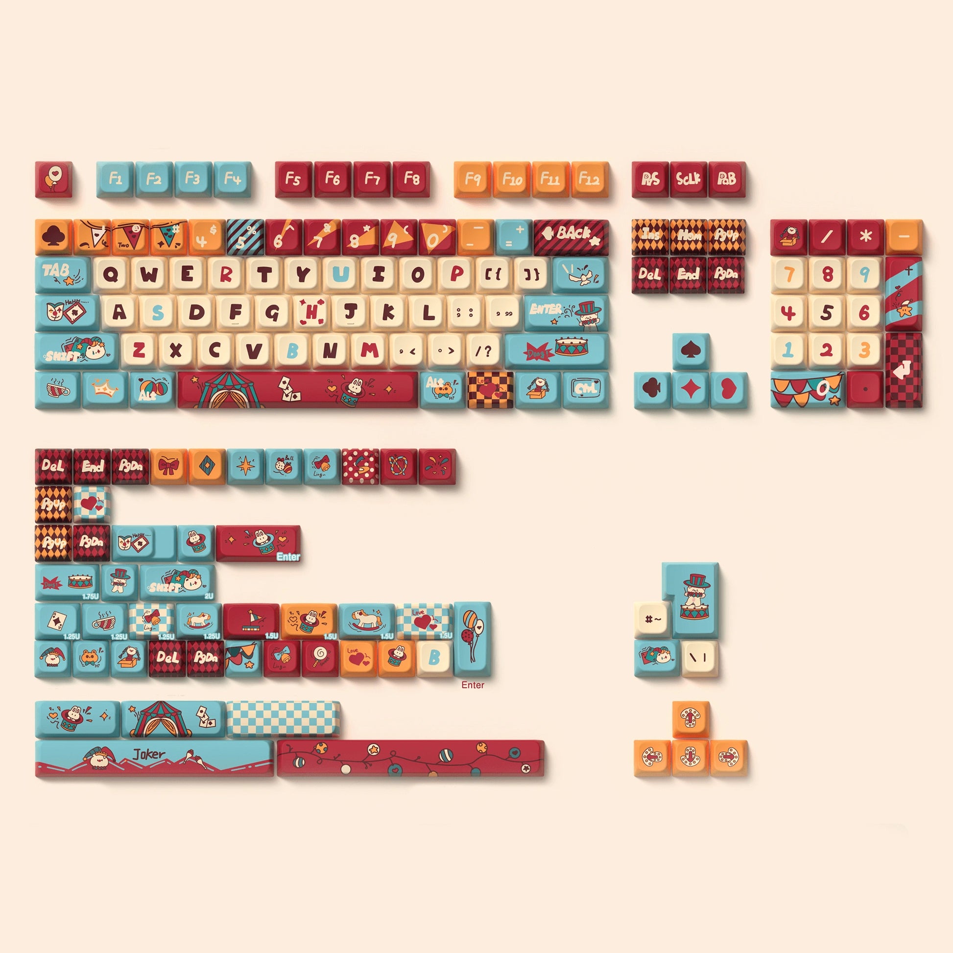 Full layout of the Circus Kitty Keycap Set, displaying all keys with circus-themed artwork and vibrant colors.