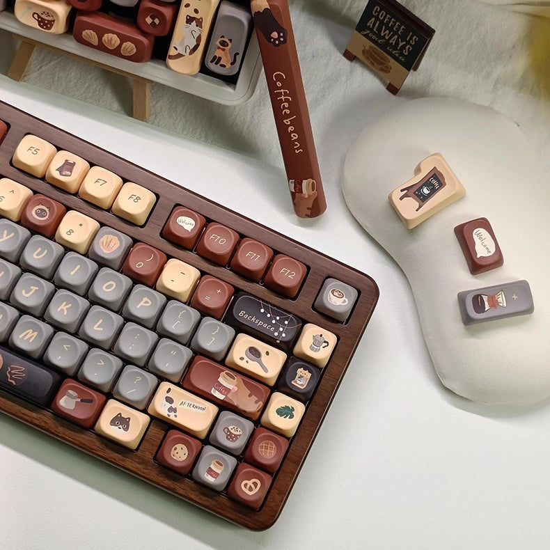 Coffee Meowments Keycap Set for mechanical keyboards with coffee and cat-themed keycaps, perfect for gamer girls.
