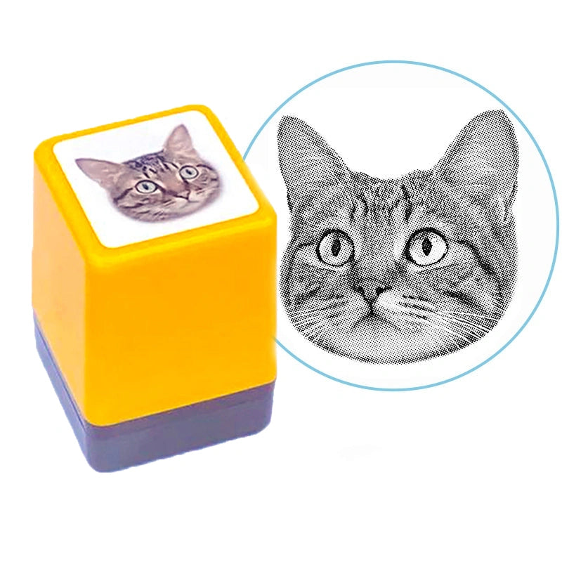 Front view of the custom pet stamp, with a side-by-side comparison of the imprinted cat illustration, highlighting every fine detail of the pet's features.