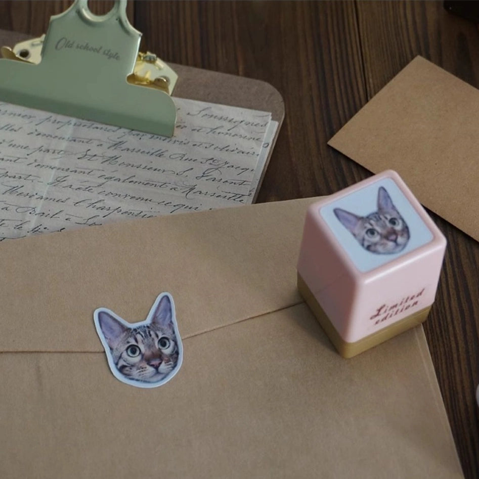 Pink custom pet stamp placed on an envelope, featuring a matching cat sticker. The purchase of the stamp includes a complimentary cat sticker to match the design.