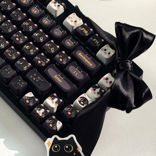 Close-up of the Cute Black Cat Keycap Set highlighting the cat face designs.