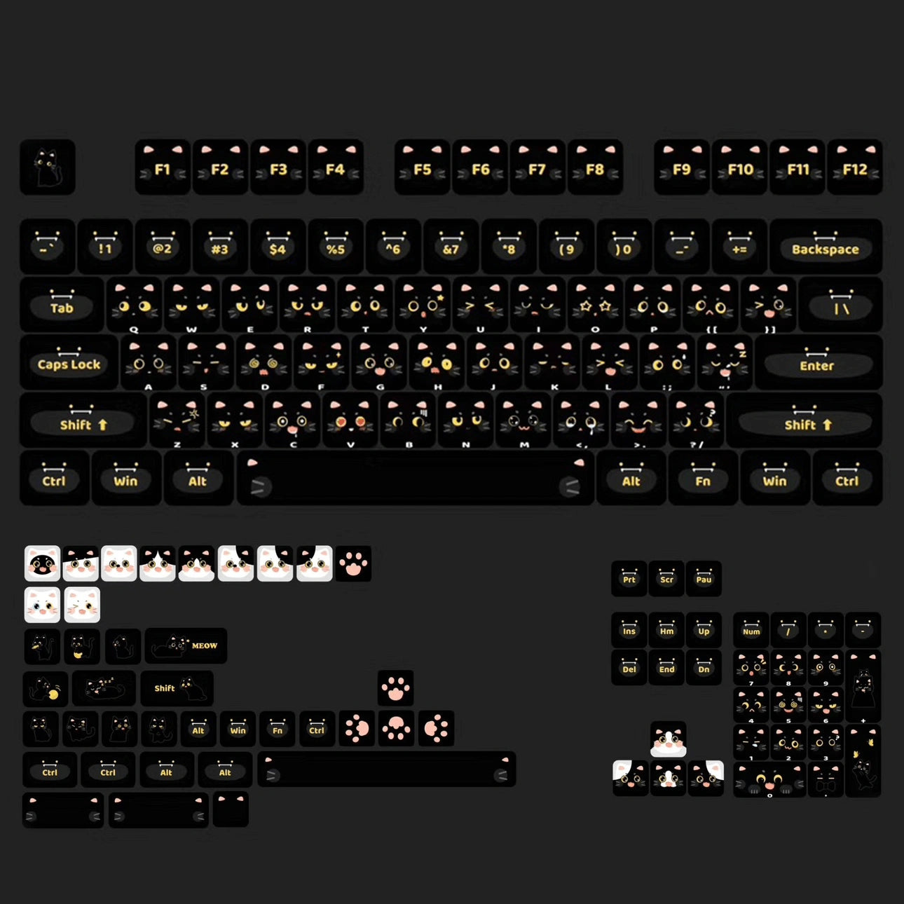 Stylized display of the Cute Black Cat Keycap Set on a keyboard with a vintage phone in the background.