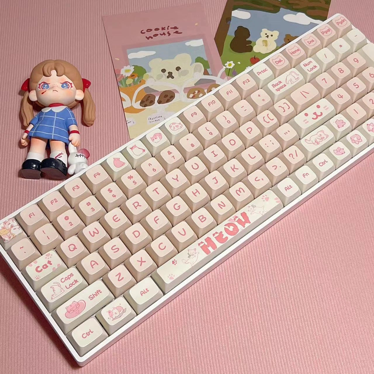 Cute pink cat-themed keycap set for mechanical keyboards, perfect for gamer girls and cat lovers.