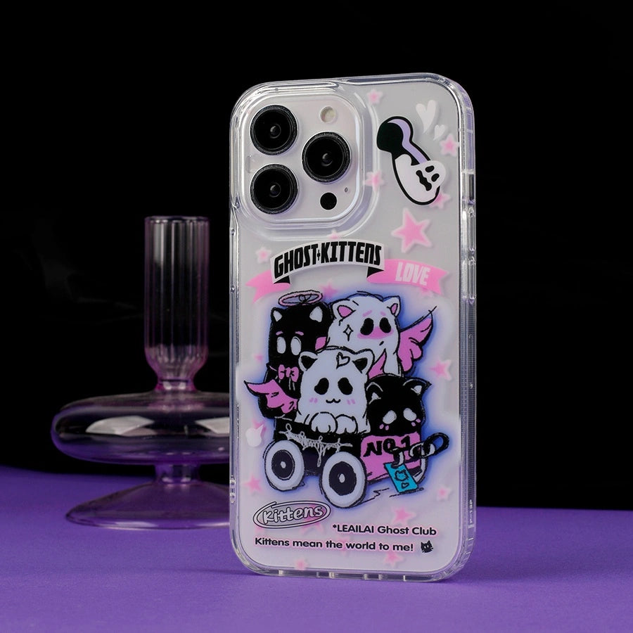 Spookily cute Boo-tiful Kitty Cart phone case featuring a charming design of ghost kittens in a cart, ideal for Halloween and cat lovers alike from Cat Lady's Find.