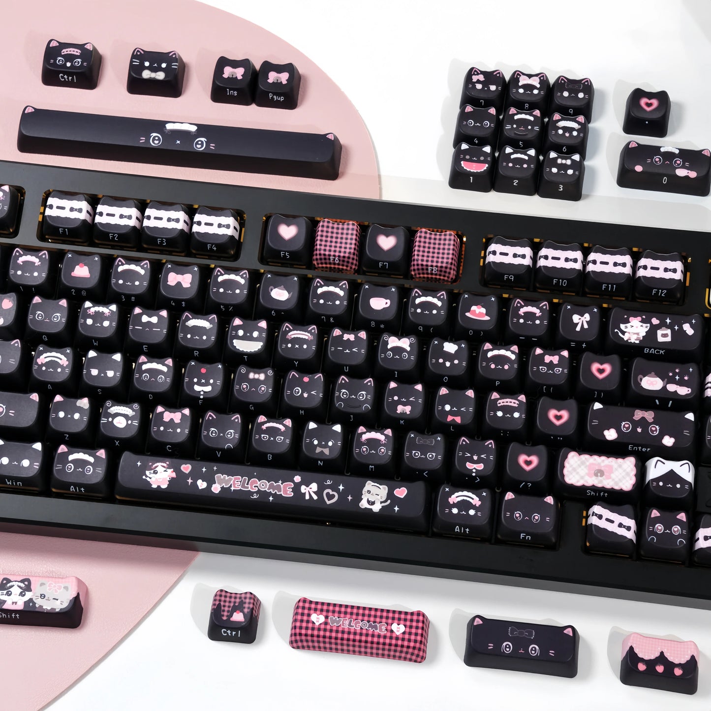 Cute Pink & Black Cat Keycap Set for mechanical keyboards, ideal for gamers and Y2K fashion enthusiasts.