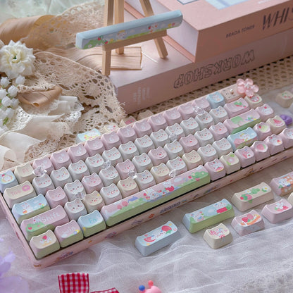 Adorable cat-themed pastel pink keycaps from the Strawberry Meow-lk Keycap Set, a purrfect gift for cat lovers.