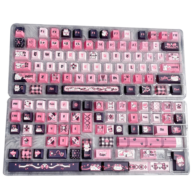 Y2K-inspired black and pink keycap set for mechanical keyboards with playful cat elements.