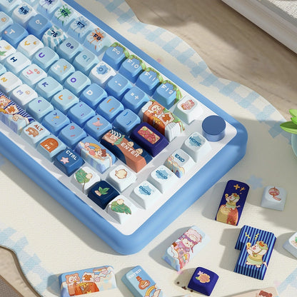 Close-up of Meowtastic Adventures Keycap Set with adorable white and ginger cat designs on blue keycaps.