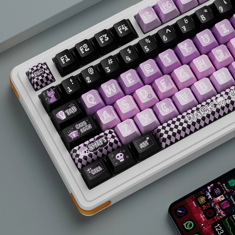 Dark Cat Chaos keycap set with black and purple skeleton cat designs for mechanical keyboards