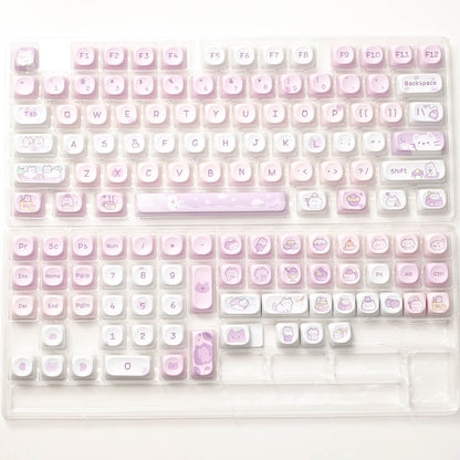 Cute purple-toned Desert Kitty Keycap Set with cat and tea dessert patterns full overview