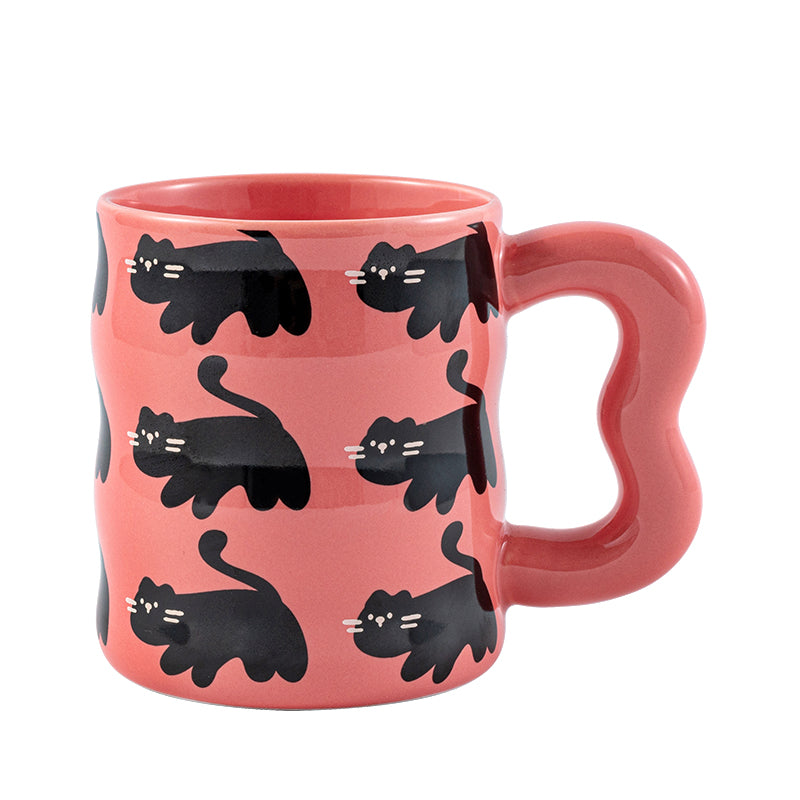 Black Cat Forever Ceramic Coffee Mug,The unique cat tail handle adds a fun touch to your morning routine. Pink Mug with Black Cat