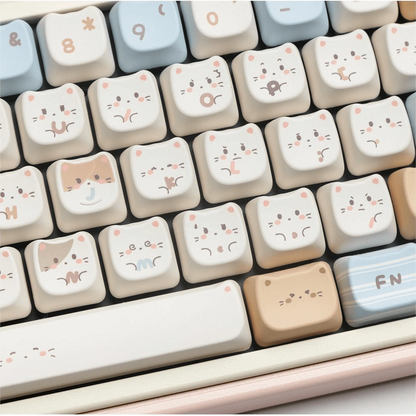 Close-up of the Fancy Cute Cat Keycap Set featuring adorable cat faces