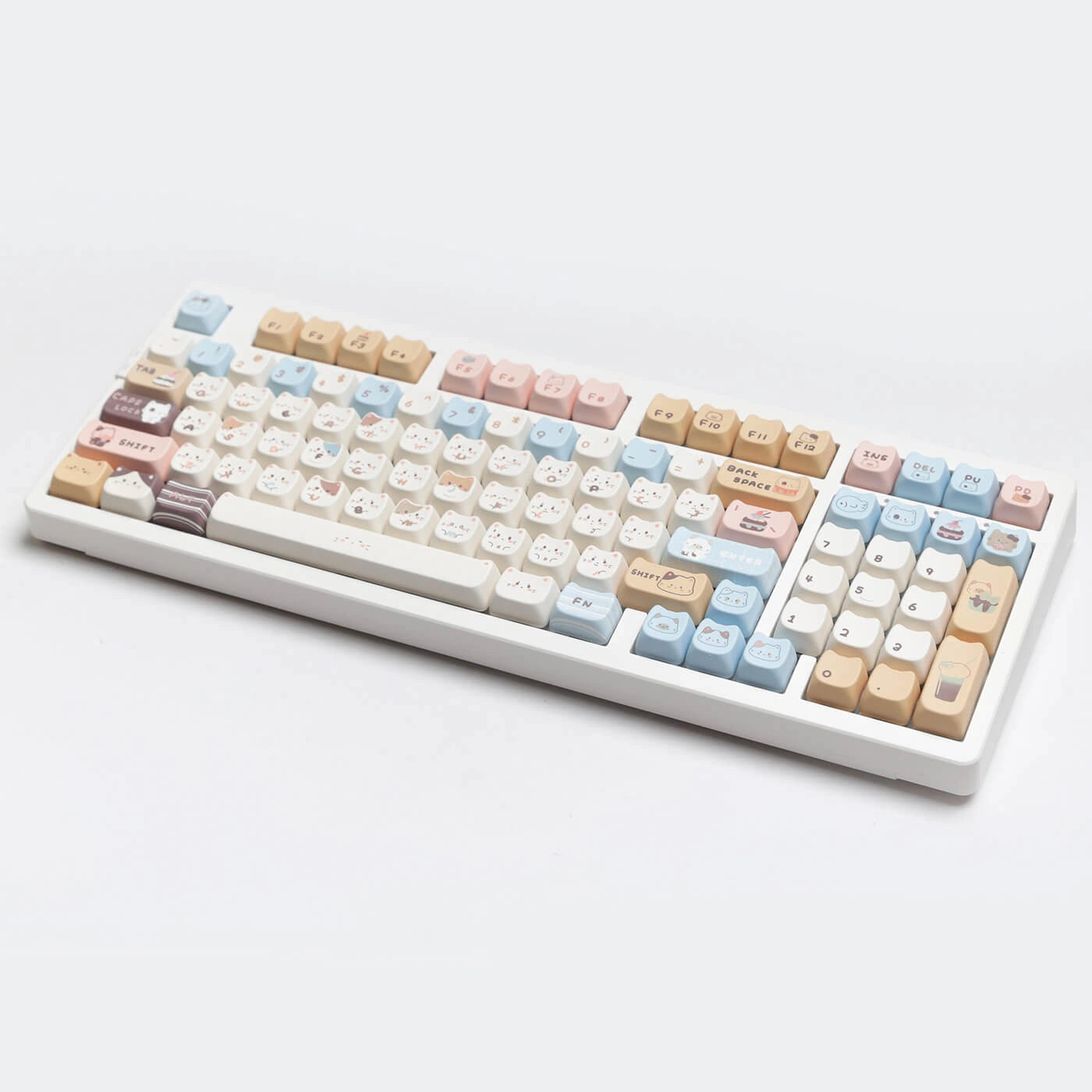 Fancy Cute Cat Keycap Set with dessert-themed cat designs - full keyboard view