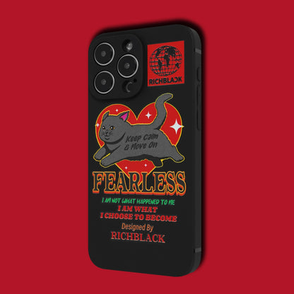 Stylish black cat phone case with 'Keep Calm & Move On' and 'Fearless' text, featuring a red heart design – a perfect gift for cat lovers, by Cat Lady's Find.