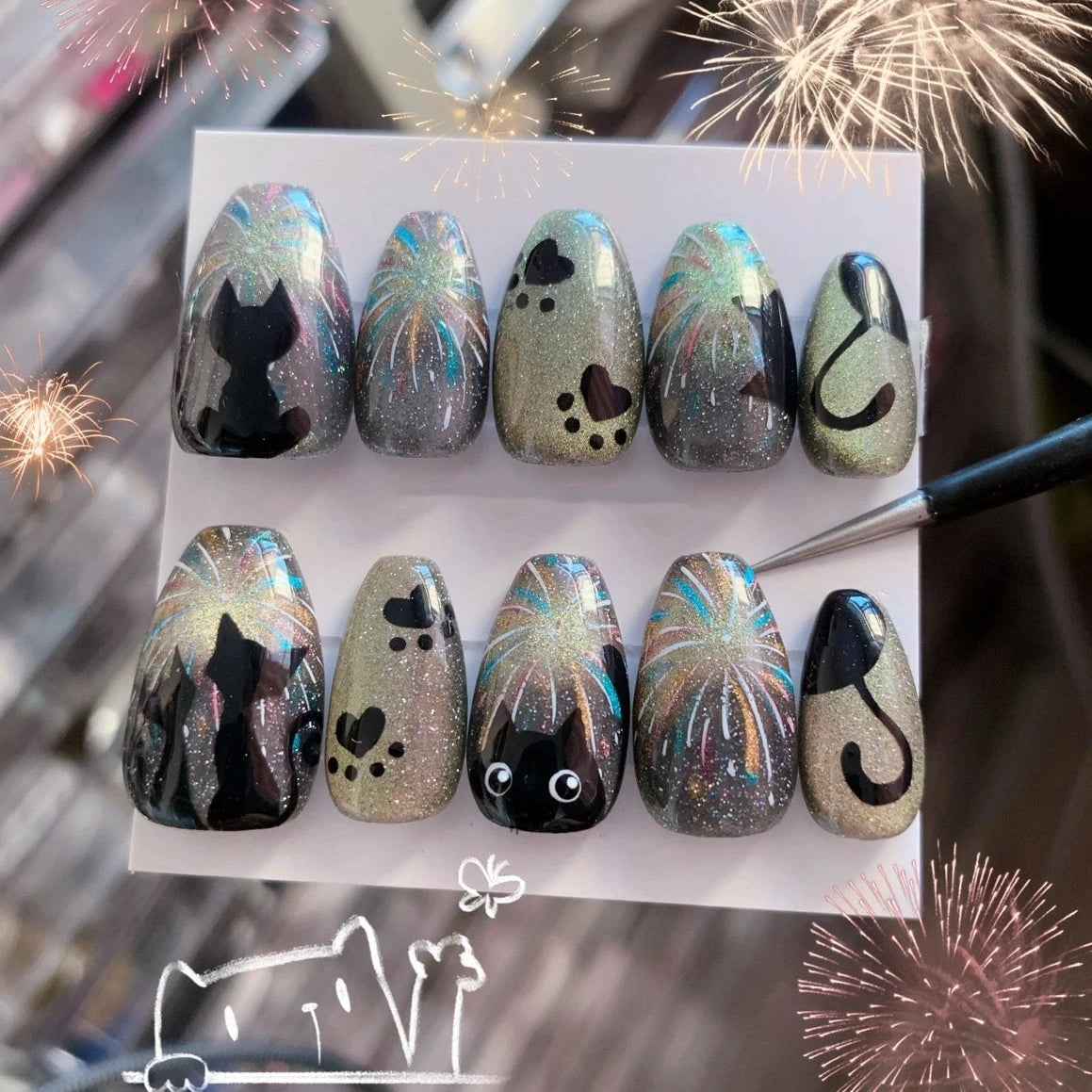 Feline Fiesta handmade cute press-on nails with black cat design, perfect for cat lovers