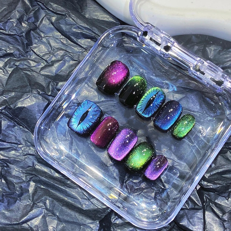 Feline Glow Vibes handmade cat-eye press-on nails in vibrant shades, perfect for cat lovers.
