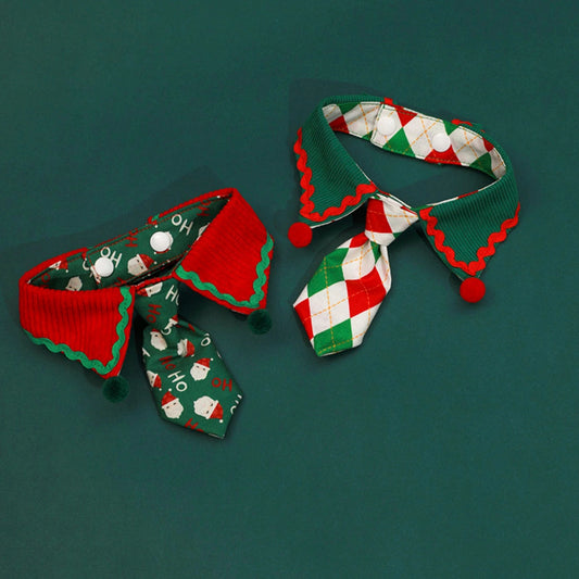 Festive Paws Holiday Pet Tie with red and green Santa pattern, perfect for Christmas cat apparel.