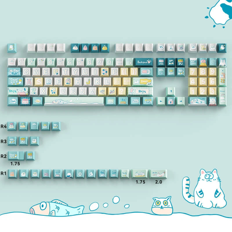 Full layout of Fishing Kitty Keycap Set with whimsical fish and cat characters on keycaps.