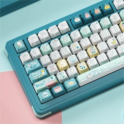 Fishing Kitty Keycap Set - Main Image featuring colorful cat-themed keycaps on a keyboard.