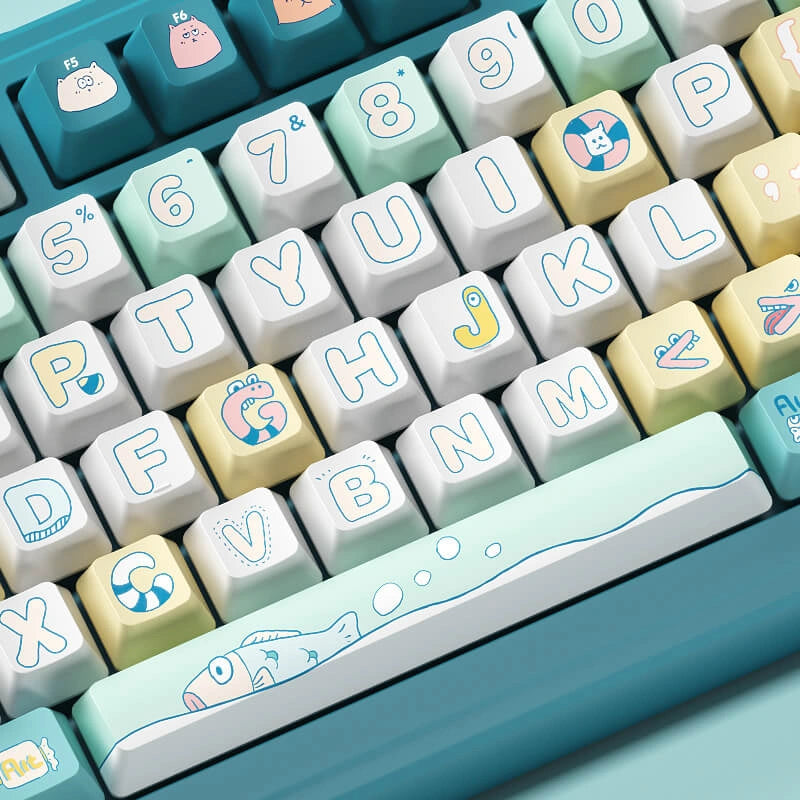 Overview of Fishing Kitty Keycap Set showing detailed cat and fish designs on keycaps.