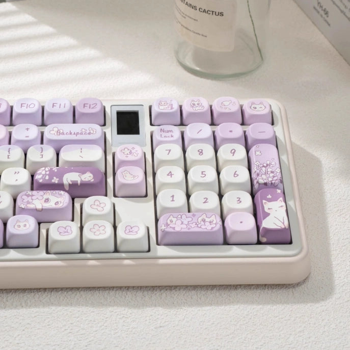 Mechanical keyboard keycap set featuring a purple and floral design with a white cat.