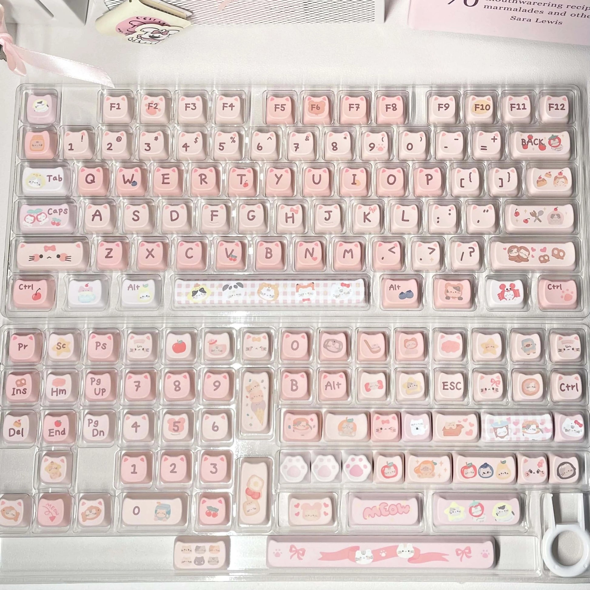 Full layout of fruit cat Keycap Set with adorable cat characters on keycaps.