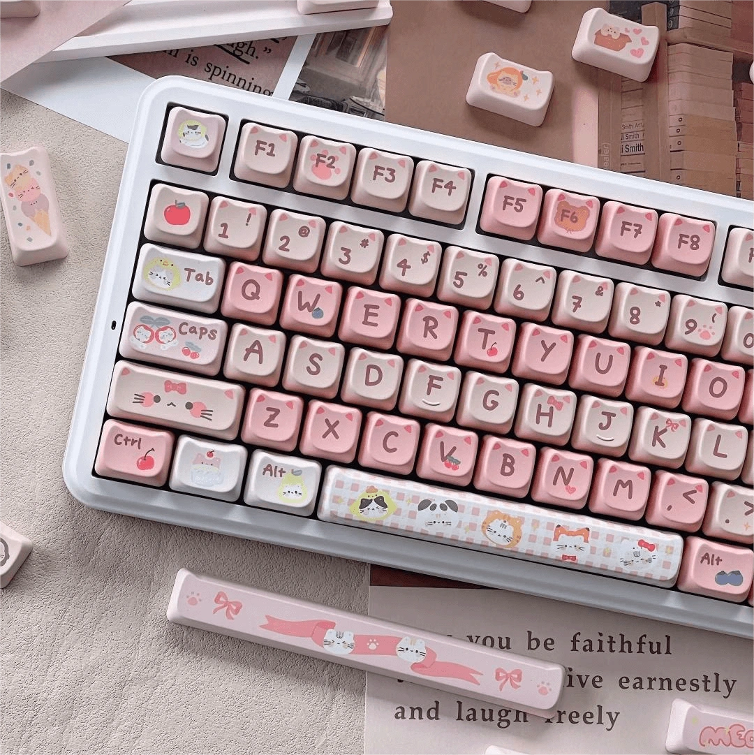 Fruit Cat Keycap Set in pink with adorable fruit-themed designs and cat faces