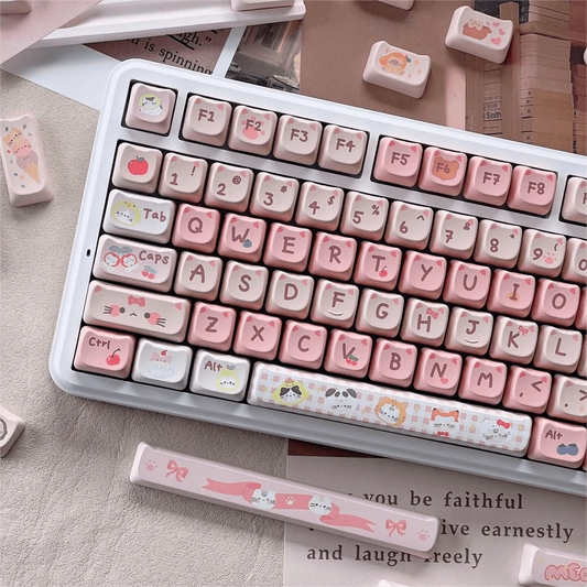 Fruit Cat Keycap Set in pink with adorable fruit-themed designs and cat faces