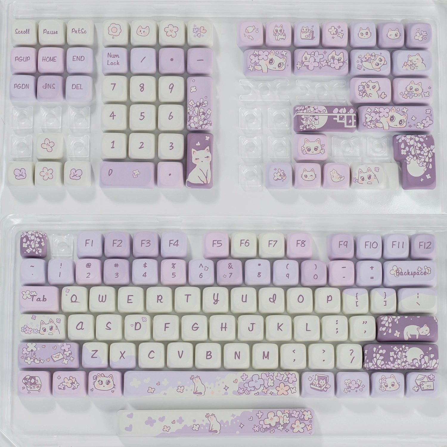 White cat and purple flower mechanical keyboard keycap set for cat lovers and gamers.