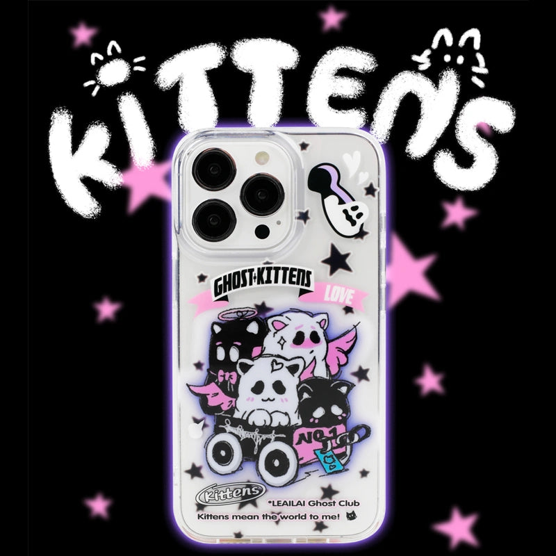 Adorable Boo-tiful Kitty Cart phone case with four playful ghost kittens in a wagon – a must-have gothic Halloween gift for cat enthusiasts, by Cat Lady's Find.