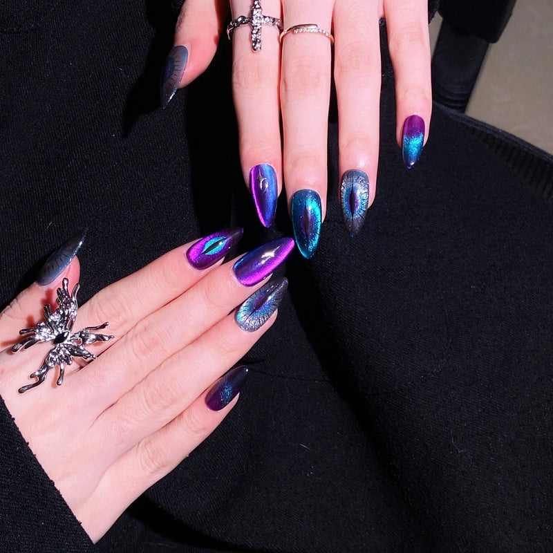 Mystic Feline Gaze cat-eye press on nails for cat lovers, in purple, blue, and silver shades