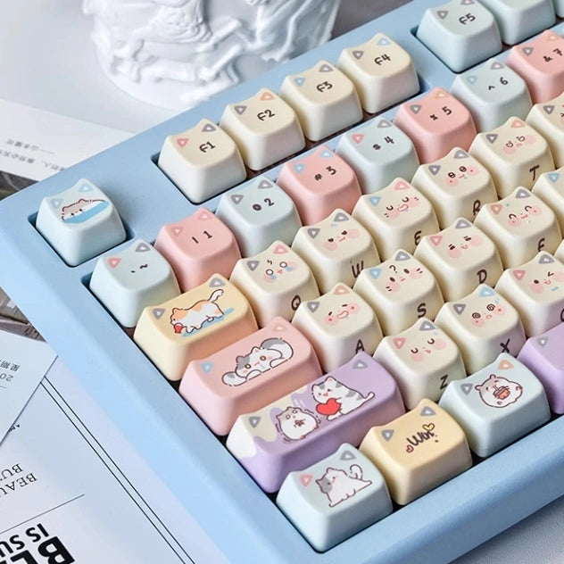 Hamster & Whiskers Tales Keycap Set featuring baby blue and pink pastel colors with adorable cats and hamsters.