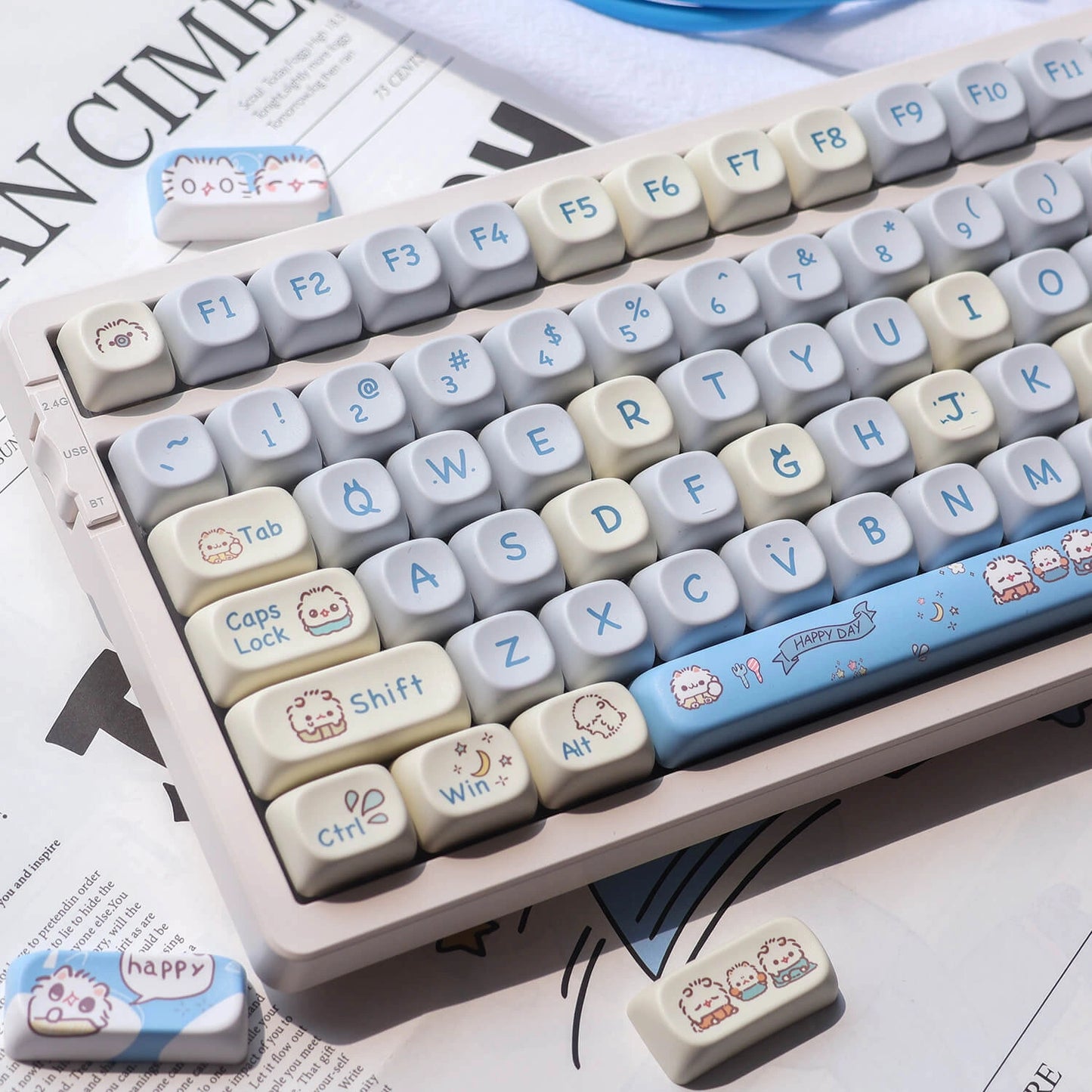 Angled view of the Happy Day Keycap Set highlighting its cheerful and playful theme