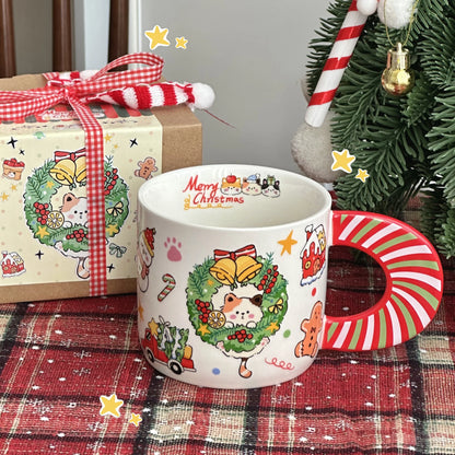 Adorable Jolly Kitty Christmas Mug with a calico cat in a wreath, perfect Xmas gift for cat lovers.