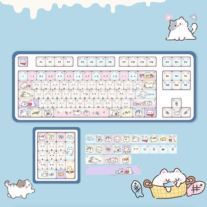 Adorable cat and hamster keycaps in baby blue and pink for gamer girls and cat lovers.