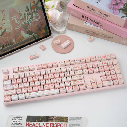 Pink keycaps set with cat and fruit designs for mechanical keyboards