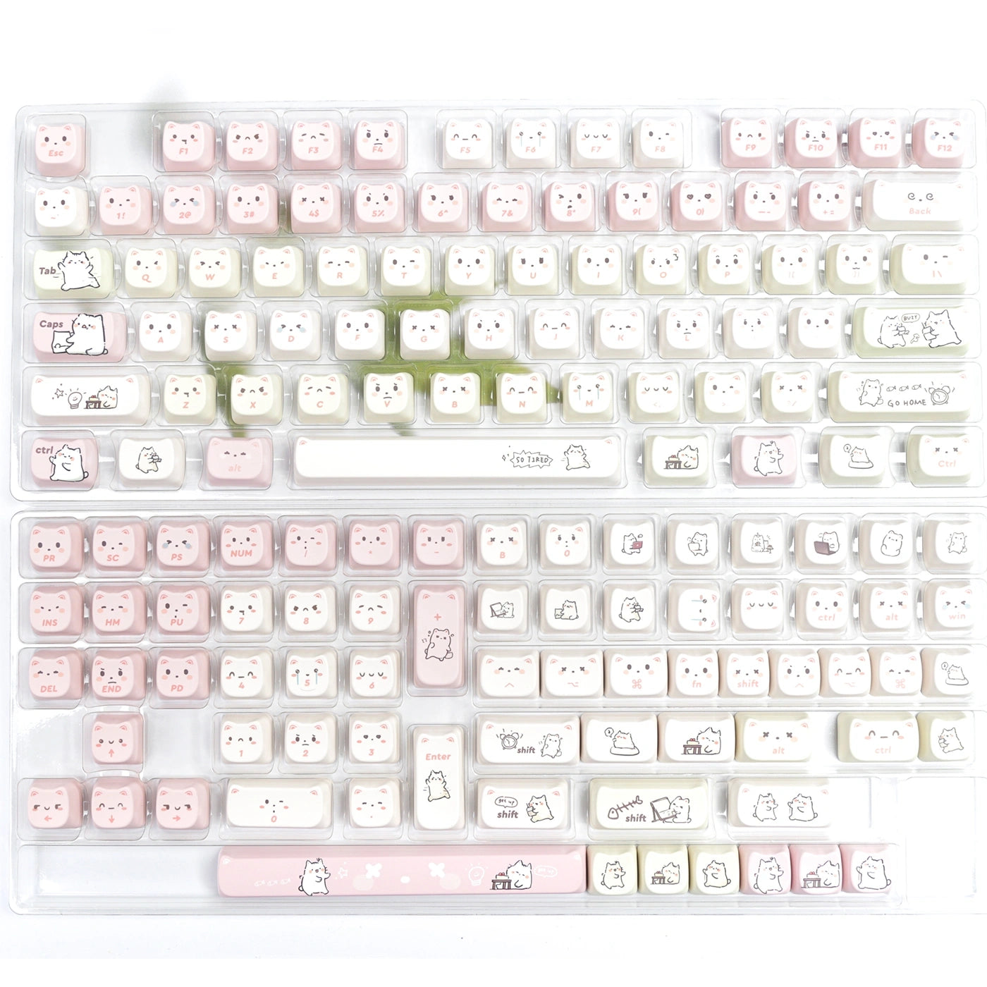 Gift for gamer girls and cat lovers: Lazy Paws Paradise white cat keycap set for mechanical keyboards.