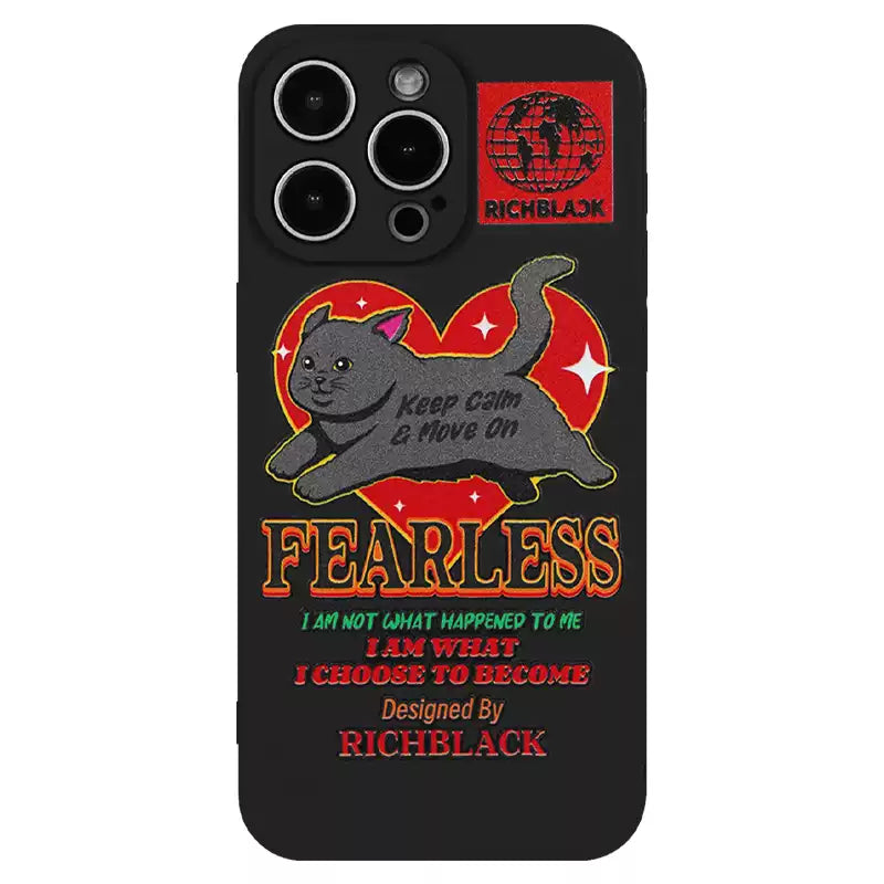 Keep Calm & Cat On phone case featuring a black cat on a red heart with motivational text – a playful and stylish accessory for cat lovers, from Cat Lady's Find.