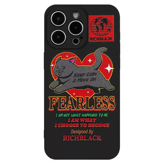 Keep Calm & Cat On phone case featuring a black cat on a red heart with motivational text – a playful and stylish accessory for cat lovers, from Cat Lady's Find.