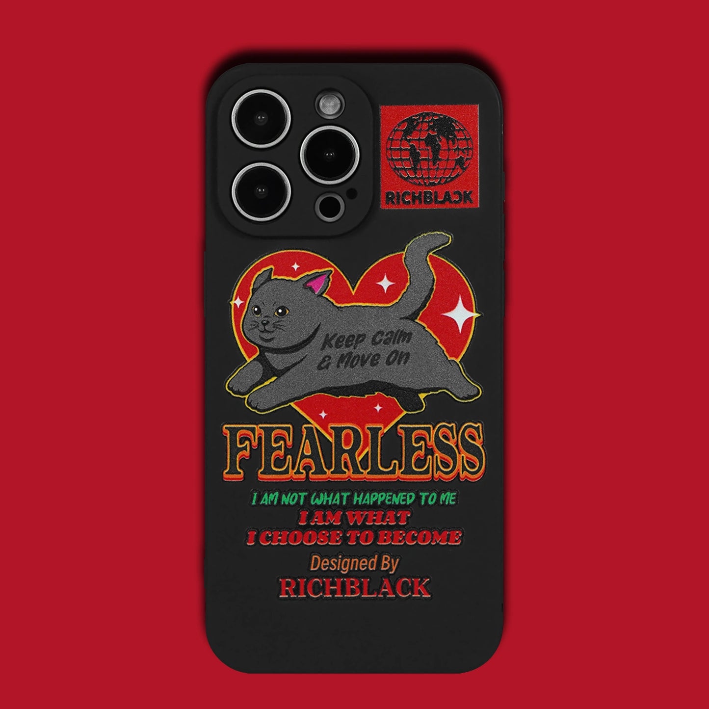 Charming Keep Calm & Cat On phone case with a fearless black cat on a red heart, perfect for cat lovers who embrace bold and playful designs – Cat Lady's Find.