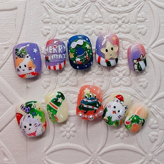 Kitty Claus handmade cute press on nails with ginger cat art for cat lovers as Xmas Gifts