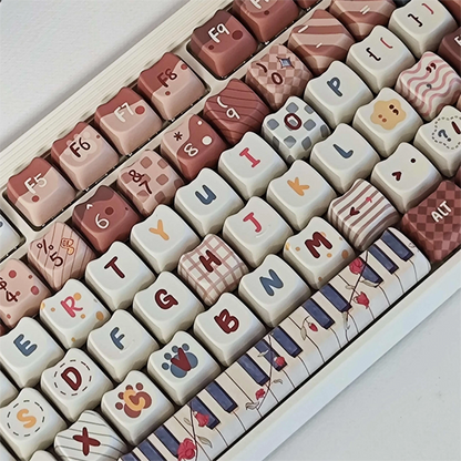 Close-up view of the Kitty Concert Keycap Set showcasing detailed brown cat-themed designs.